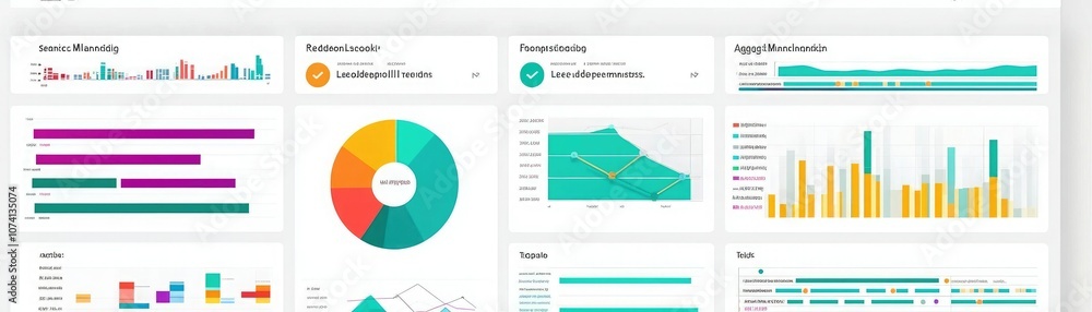 A user interface displaying various colorful data visualizations, including bar charts, pie charts, and line graphs, representing statistical information.