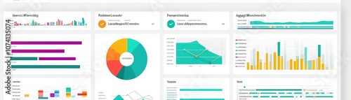 A user interface displaying various colorful data visualizations, including bar charts, pie charts, and line graphs, representing statistical information.