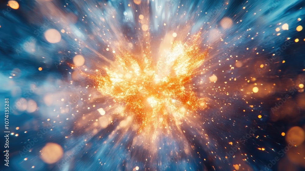 A mesmerizing 3D render of an abstract explosion shape, set against a digital blue futuristic background with glowing light effects A mesmerizing 3D render of an abstract explosion shape, set against a digital blue futuristic background with glowing light effects