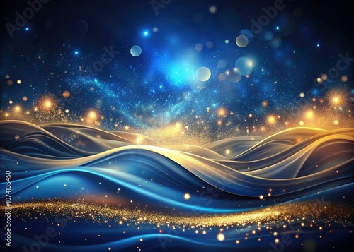 Abstract Blue and Gold Flowing Background with Glowing Particles, Dreamy Textures, Ethereal Design, Digital Art, Vibrant Colors, Motion Effects, Modern Aesthetic, Artistic Wallpaper