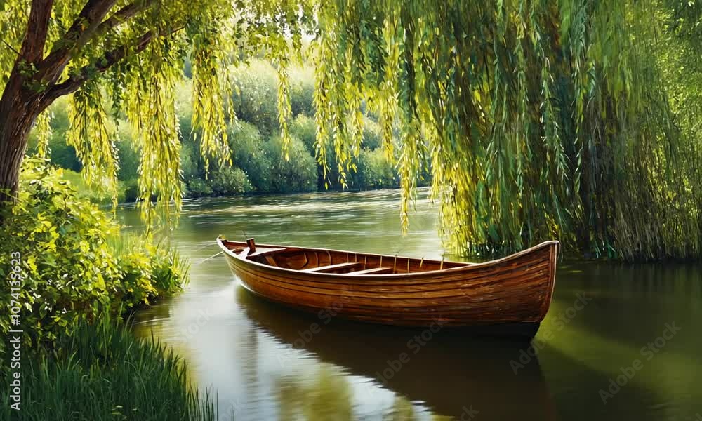 Peaceful River Scene with a Wooden Boat Peaceful River Scene with a Wooden Boat