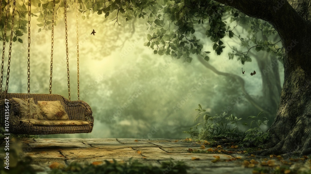 Obraz premium A peaceful terrace with an antique wicker swing hanging from an old tree, set in front of a blurry nature scene filled with soft green tones and light
