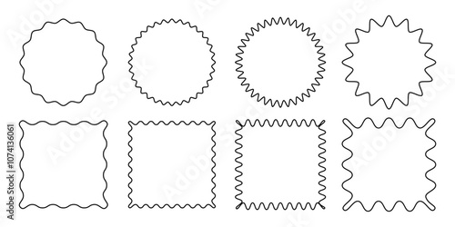 Scallop frame set. Different wavy shapes with squiggly edge border. Zig zag stamps or wiggle stickers for photo, badge, tag design. Curvy labels isolated on white background, editable stroke.