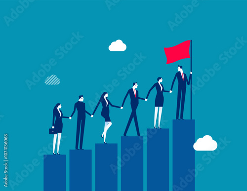 Teamwork to success together, employee career path or partnership support to help business growing, team collaboration or mentor and training concept, business people help team climbing growth chart.