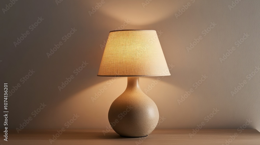 A soft, minimalist interior featuring a neutral-toned table lamp with a ceramic base and neutral color palette