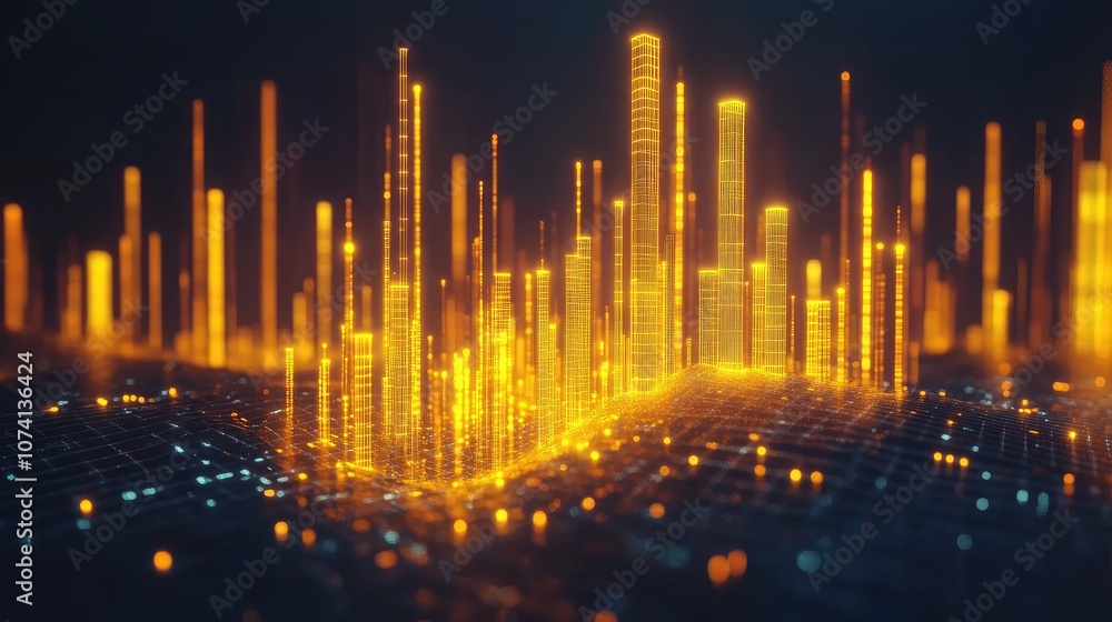 A striking 3D abstract background of yellow neon lines ascending upward, set against a dark digital background to convey a sense of digital power and energy A striking 3D abstract background of yellow neon lines ascending upward, set against a dark digital background to convey a sense of digital power and energy