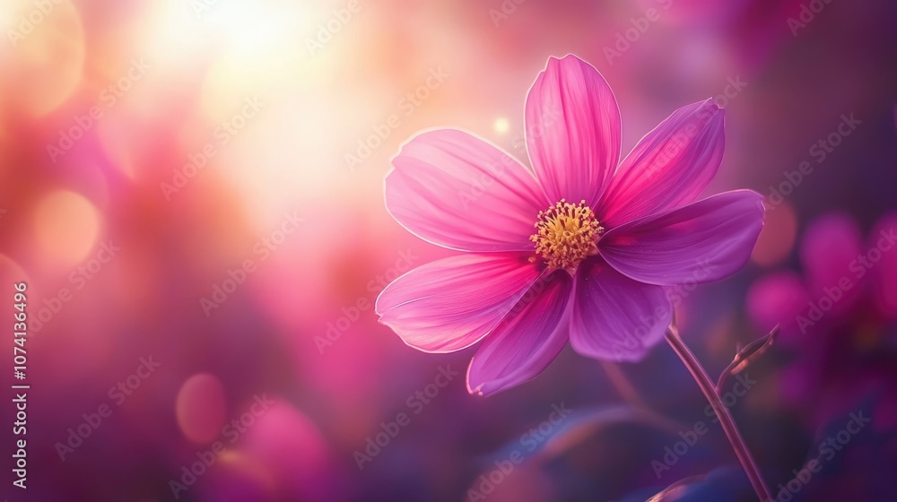 A stunning close-up of a deep pink cosmos flower with a focus on its intricate petals and bright yellow center, set against a soft blurred background A stunning close-up of a deep pink cosmos flower with a focus on its intricate petals and bright yellow center, set against a soft blurred background