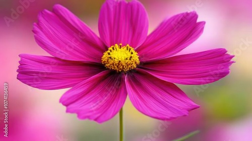 A stunning close-up of a deep pink cosmos flower with a focus on its intricate petals and bright yellow center, set against a soft blurred background