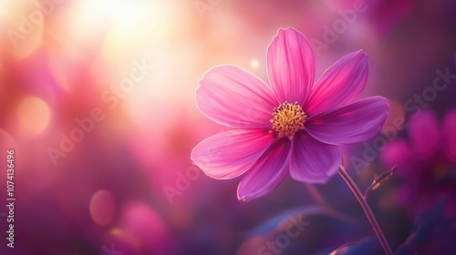 A stunning close-up of a deep pink cosmos flower with a focus on its intricate petals and bright yellow center, set against a soft blurred background