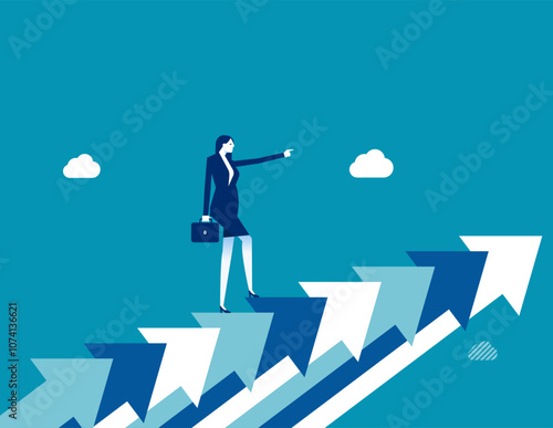 Career growth, growing business or leadership to overcome challenge, motivation to succeed, career development or ambition to success concept, confidence businesswoman walking up growth arrow stair.