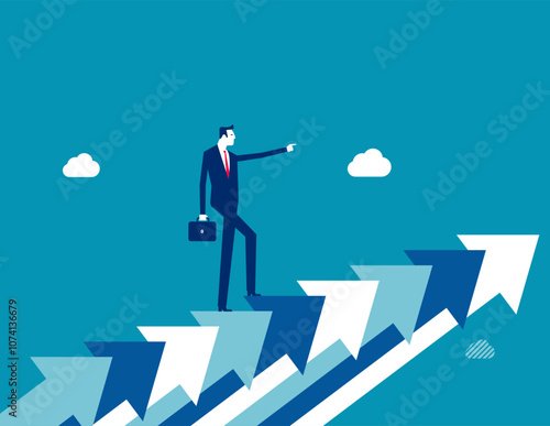 Career growth, growing business or leadership to overcome challenge, motivation to succeed, career development or ambition to success concept, confidence businesswoman walking up growth arrow stair.