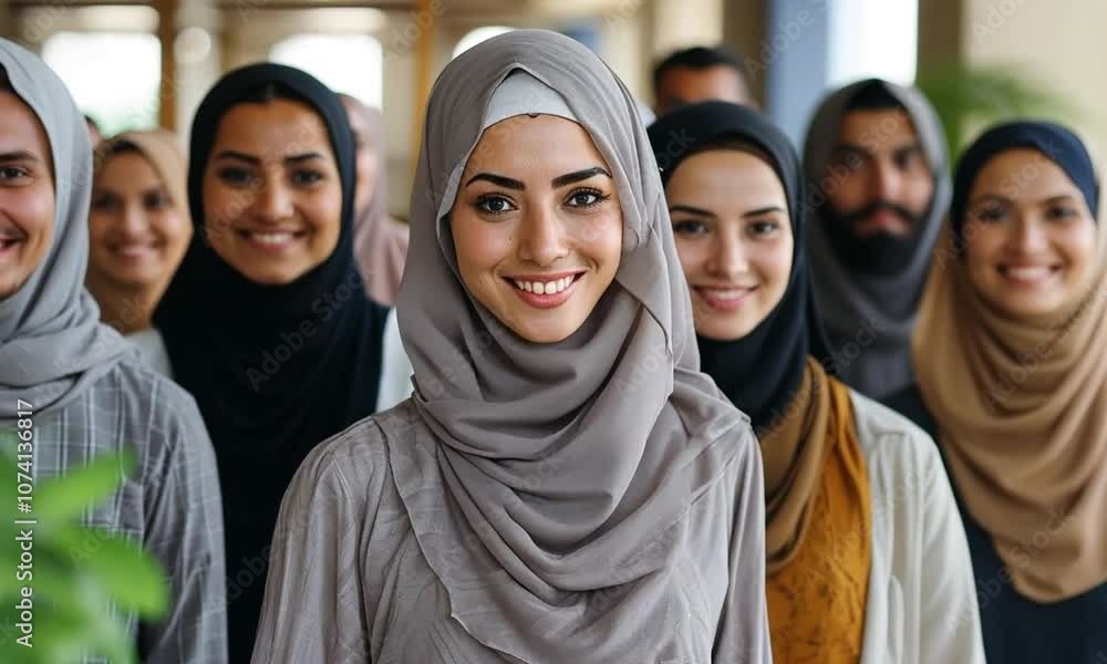 A group of women wearing hijabs, smiling and standing together in a social setting. A group of women wearing hijabs, smiling and standing together in a social setting.