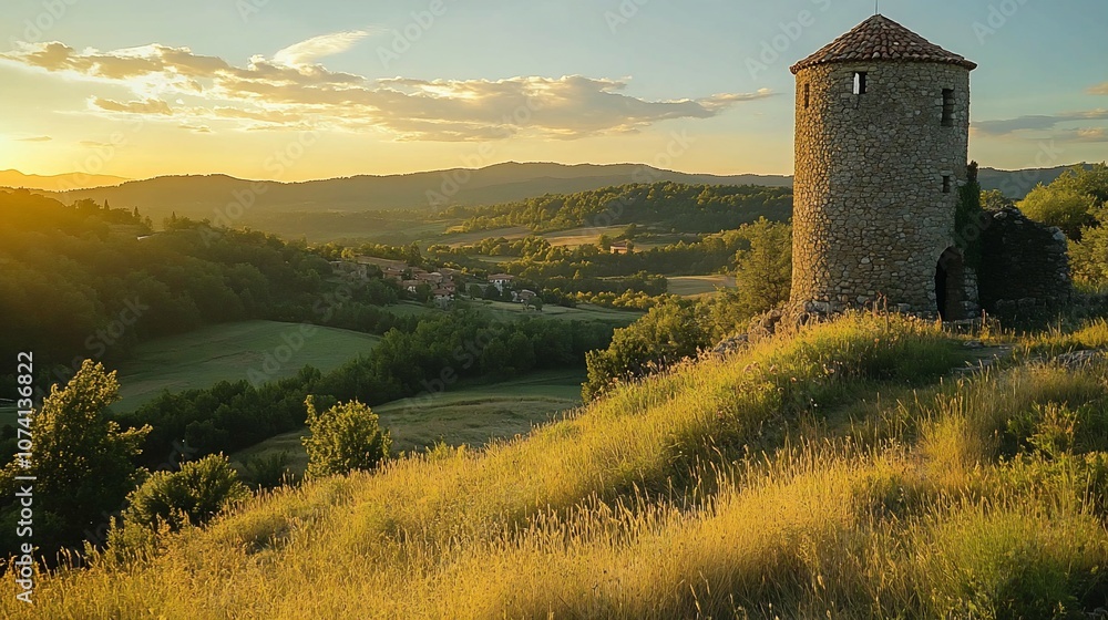 Obraz premium A stone tower stands on a hilltop overlooking a valley at sunset.