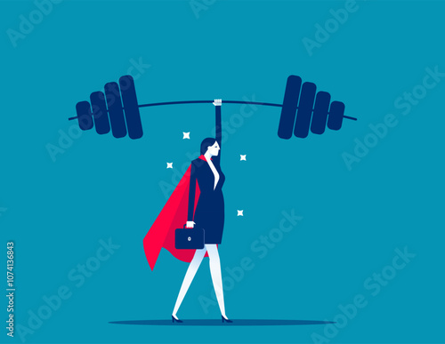 Woman strength powerful superhero, lady leadership or success female leader, pride, ambition, effort or business champion concept, confidence powerful businesswoman superhero lifting heavy weight.