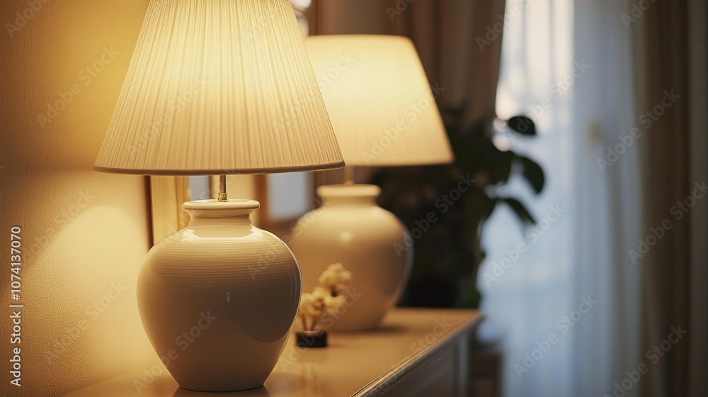 A well-lit living room with neutral-toned ceramic lamps placed on a console table, adding to the serene A well-lit living room with neutral-toned ceramic lamps placed on a console table, adding to the serene