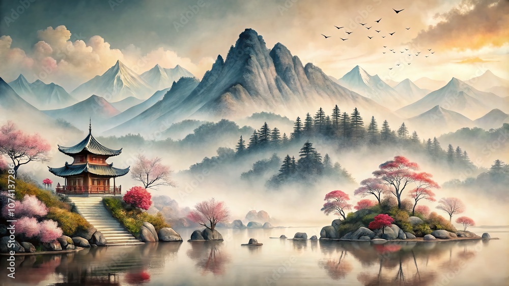Fototapeta premium Serene Fusion of Chinese and Japanese Nature: Pastel Mountainscape in Ink Painting Style for Fashion Photography Inspiration