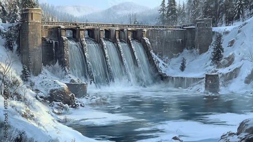 A large concrete dam with cascading water, surrounded by snowy mountains and a frozen river. photo