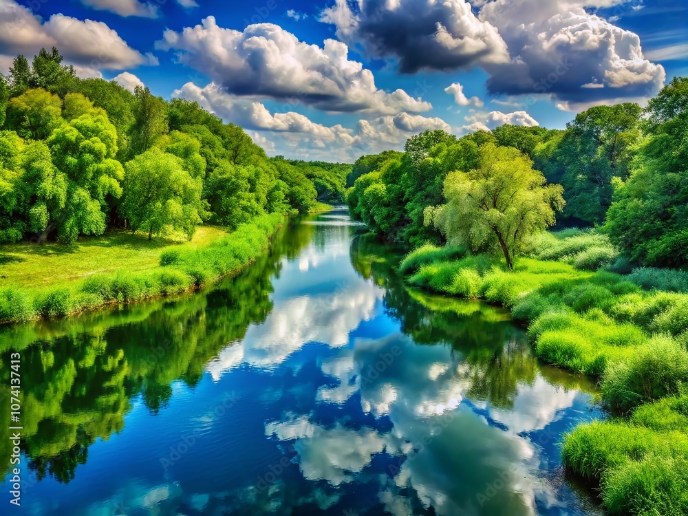Serene Green Landscape with a Flowing River, Reflecting a Beautiful Blue Sky and White Clouds in a Lush Forest Setting, Perfect for Nature Lovers and Tranquility Seekers Serene Green Landscape with a Flowing River, Reflecting a Beautiful Blue Sky and White Clouds in a Lush Forest Setting, Perfect for Nature Lovers and Tranquility Seekers