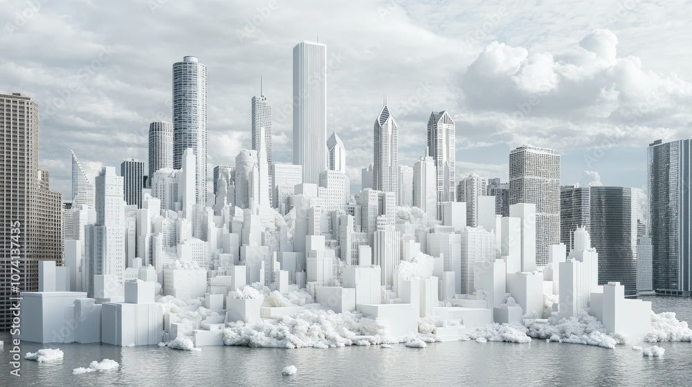 An abstract 3D rendering of Chicago cityscape, using white materials to showcase the skyline in a unique and futuristic design An abstract 3D rendering of Chicago cityscape, using white materials to showcase the skyline in a unique and futuristic design