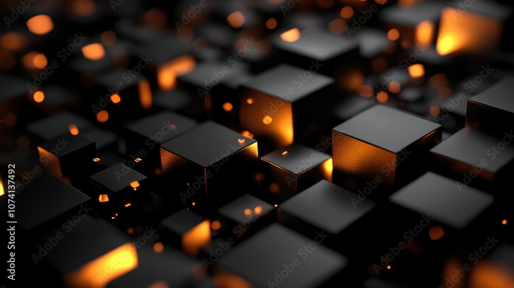 An abstract 3D rendering of geometric shapes and blocks, with a dark background and soft glowing lines creating depth and contrast An abstract 3D rendering of geometric shapes and blocks, with a dark background and soft glowing lines creating depth and contrast