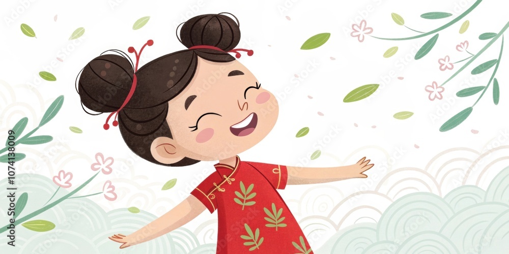 Girl in Qipao A young girl smiles brightly wearing a red Qipao with subtle green s patterns. She has her hair styled in two buns adorned with delicate hairpins. Girl in Qipao A young girl smiles brightly wearing a red Qipao with subtle green s patterns. She has her hair styled in two buns adorned with delicate hairpins.