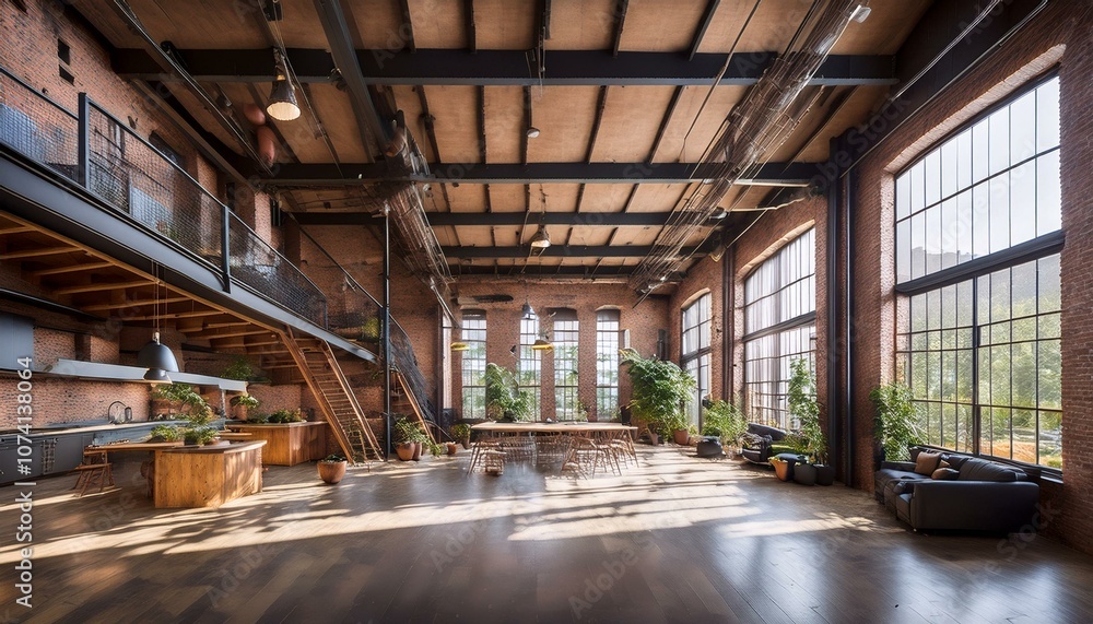 Spacious Industrial Loft with High Ceilings, Large Windows, and Raw Steel Beams Spacious Industrial Loft with High Ceilings, Large Windows, and Raw Steel Beams