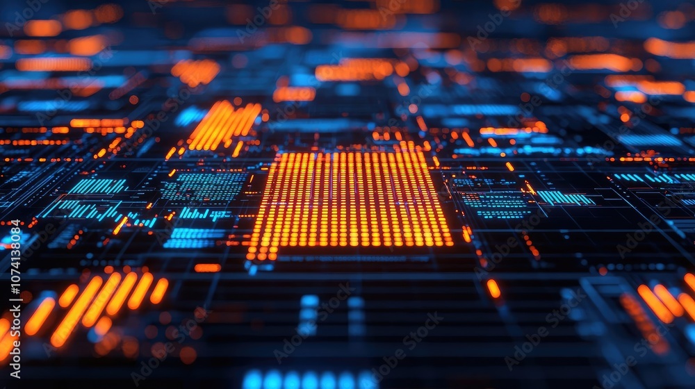 Futuristic circuit board with glowing orange and blue patterns on a dark background. Futuristic circuit board with glowing orange and blue patterns on a dark background.