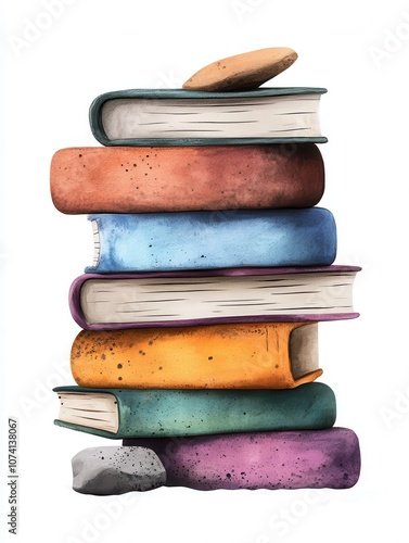 A colorful stack of books with varying textures and sizes, topped with a small stone, evoking themes of education and creativity. photo