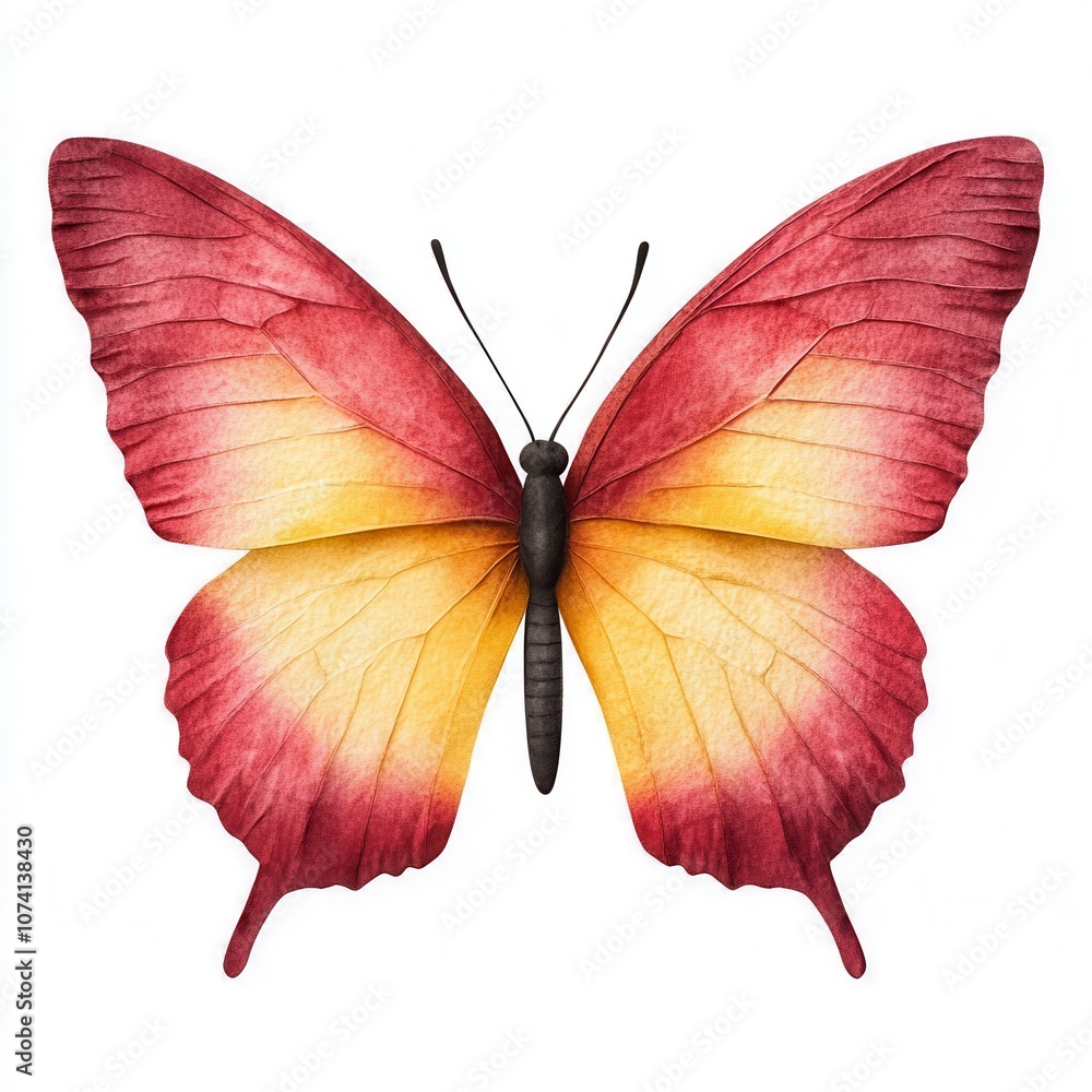 Obraz premium A vividly colored butterfly with red and yellow wings, showcasing intricate patterns and a symmetrical shape, embodies beauty and nature.