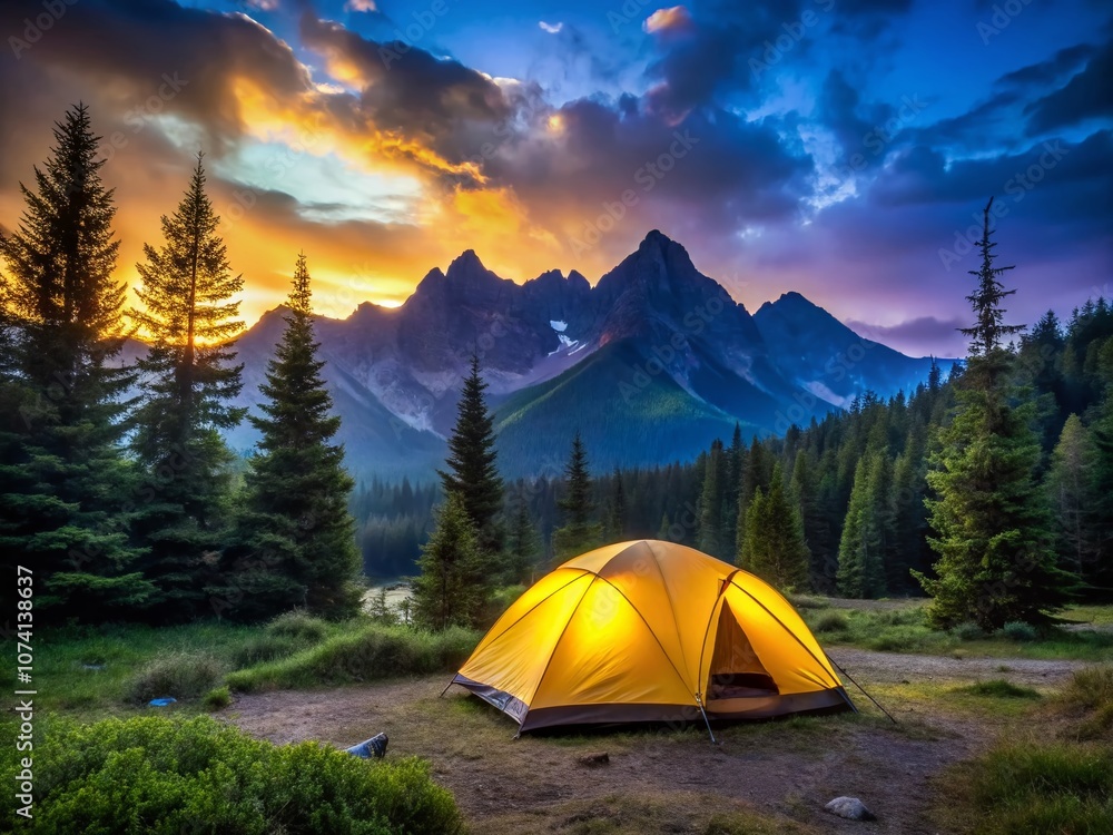 Serene Low Light Photography of a Vibrant Yellow Camping Tent Nestled in a Tranquil Forest Landscape Surrounded by Majestic Mountains at Dusk Serene Low Light Photography of a Vibrant Yellow Camping Tent Nestled in a Tranquil Forest Landscape Surrounded by Majestic Mountains at Dusk