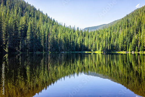 Beaver lake landscape spruce trees from hiking trail in Beaver Creek ski resort near Avon, Colorado in summer in Holy Cross Wilderness