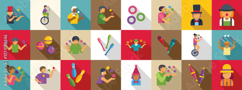 Juggler icons set. Colorful flat design icons of jugglers and circus performers juggling various objects, riding unicycles, and entertaining audiences