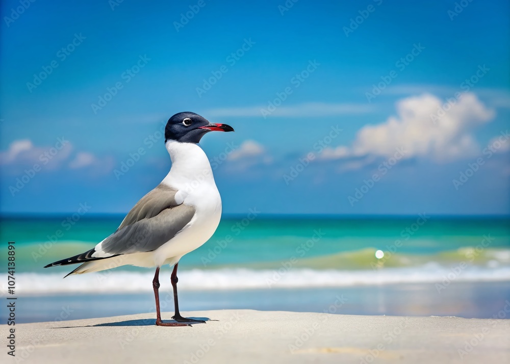 Serene Minimalist Landscape with a Laughing Gull on a White Sandy Beach Captured in a Panoramic View, Emphasizing Tranquility and Natural Beauty in Coastal Settings Serene Minimalist Landscape with a Laughing Gull on a White Sandy Beach Captured in a Panoramic View, Emphasizing Tranquility and Natural Beauty in Coastal Settings