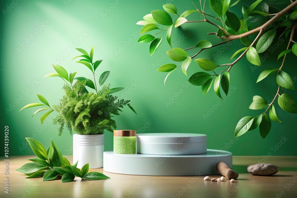Elegant Cosmetic Product Display on Natural Podium with Leaves and Green Background for Beauty Promotion Elegant Cosmetic Product Display on Natural Podium with Leaves and Green Background for Beauty Promotion