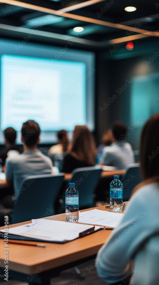 Fototapeta premium Corporate Training Session: Presentation, Attendees, Water Bottles, Notes, Conference Room
