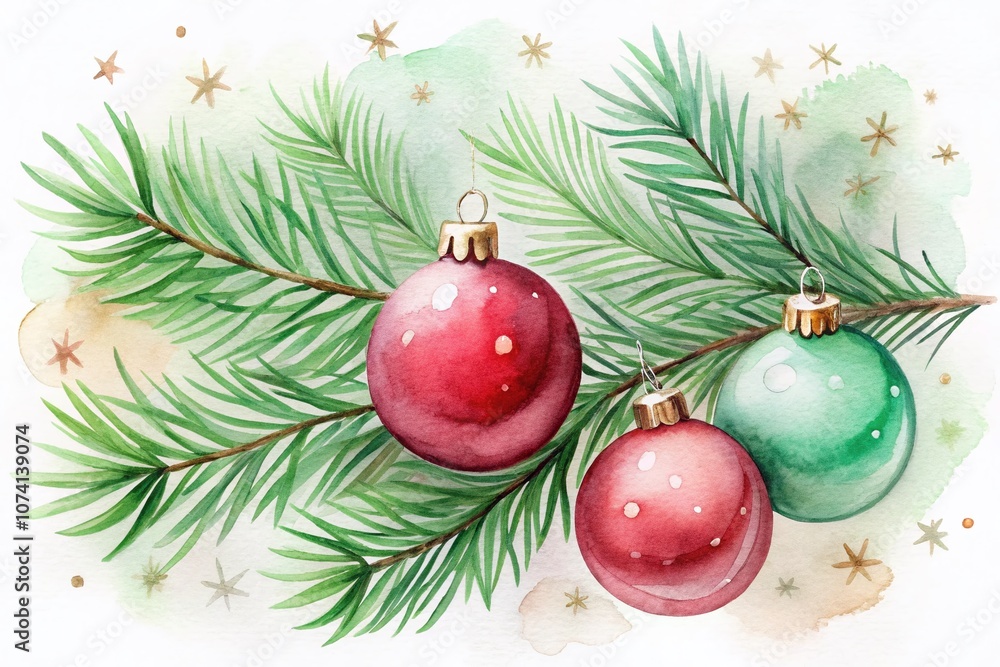 Naklejka premium Serene Minimalist Watercolor Christmas Scene with Subtle Hues of Red and Green, Featuring a Tasteful Arrangement of Ornaments and Pine Branches for a Cozy Holiday Atmosphere