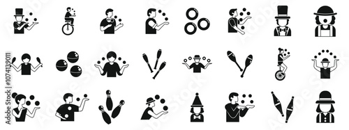 Juggler icons set. Jugglers performing with balls, clubs, rings, and bowling pins at circus show