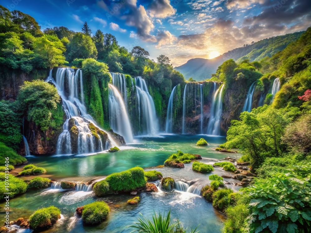 Fototapeta premium Serene Mountain Landscape with Cascading Waterfalls Surrounded by Lush Greenery and Clear Blue Skies, Perfectly Capturing the Tranquility of Nature in a Picturesque Scene