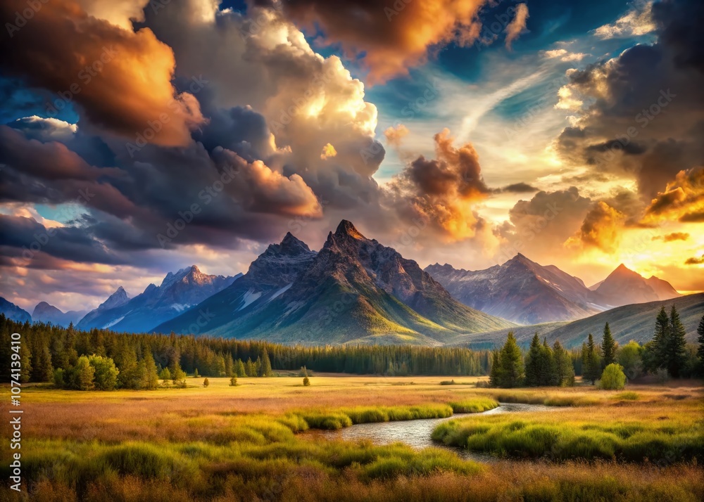 Obraz premium Serene Mountain Landscape with Dramatic Clouds and Leading Lines Capturing Tranquil Nature's Beauty in Surreal Photography