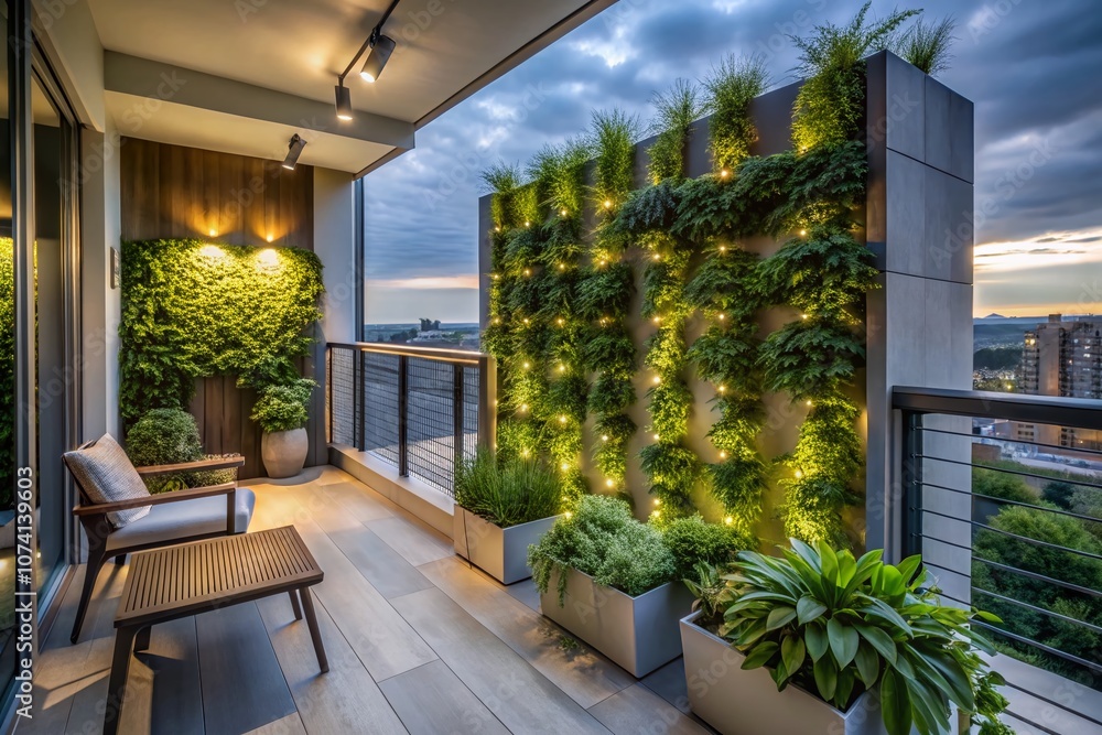 Serene Night Photography of a Minimalist Grey Balcony Terrace Featuring a Lush Vertical Garden, Capturing the Essence of Modern Outdoor Living Spaces Serene Night Photography of a Minimalist Grey Balcony Terrace Featuring a Lush Vertical Garden, Capturing the Essence of Modern Outdoor Living Spaces