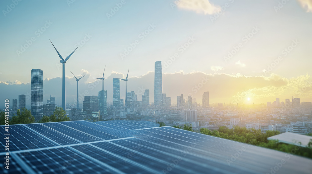Solar Panels, Wind Turbines, Futuristic Cityscape, Green Energy, Sustainable City Solar Panels, Wind Turbines, Futuristic Cityscape, Green Energy, Sustainable City