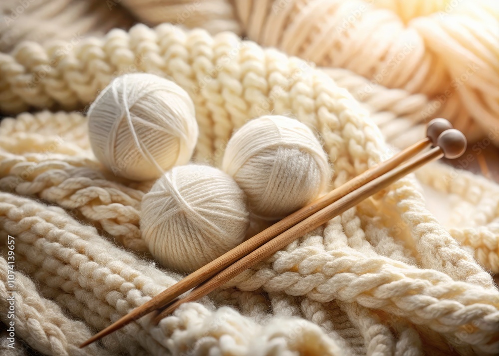 Cozy Knitting Essentials: Close-Up of Cream Wool Balls and Wooden Needles on a Knitted Blanket Cozy Knitting Essentials: Close-Up of Cream Wool Balls and Wooden Needles on a Knitted Blanket