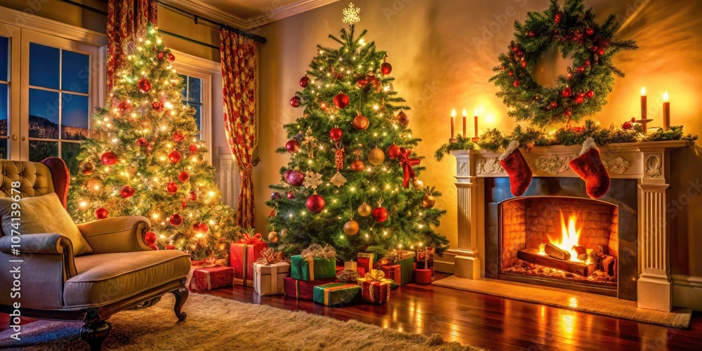 Cozy Living Room with Decorated Christmas Tree, Warm Festive Atmosphere, Macro Photography, Nighttime Glow, Holiday Spirit, 4K Video Quality Cozy Living Room with Decorated Christmas Tree, Warm Festive Atmosphere, Macro Photography, Nighttime Glow, Holiday Spirit, 4K Video Quality