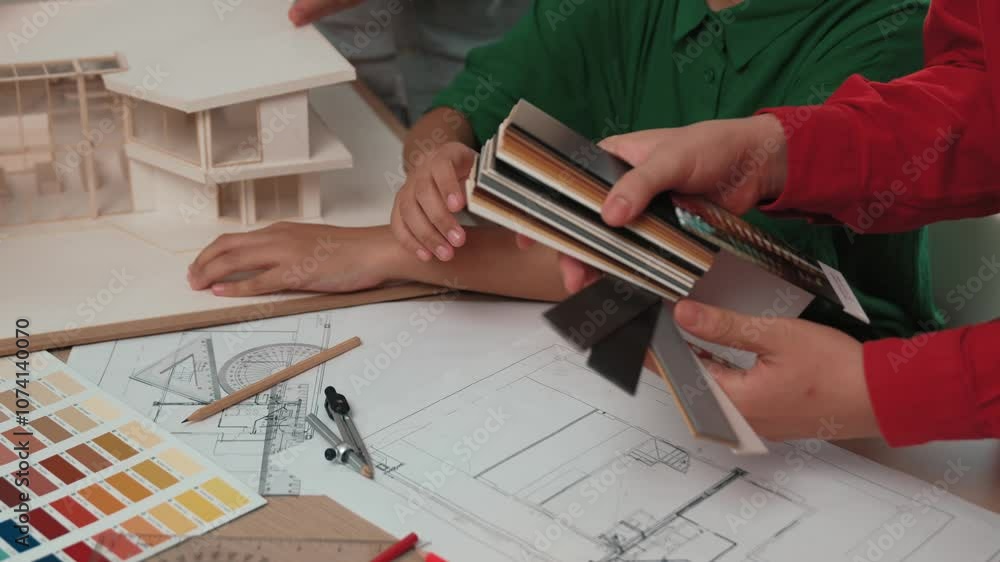 Video „Skilled interior designer using architectural equipment draw ...