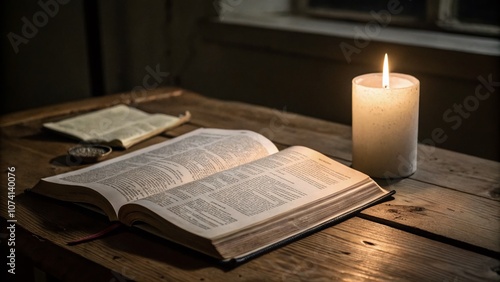 Serene Reflection: A Panoramic View of an Open Bible Illuminated by a Flickering Candle in a Darkened Room, Evoking Peace and Contemplation in Spiritual Ambiance