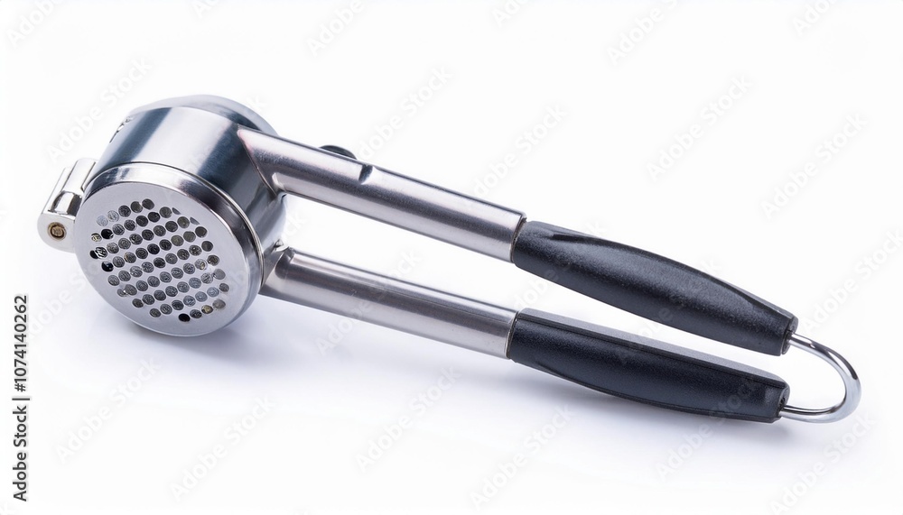 Obraz premium Garlic Press on White Background Isolated. Full Shot of Kitchen Utensils.