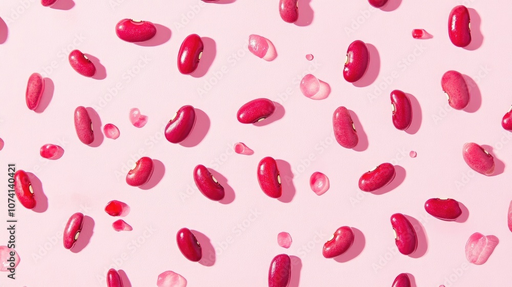 Pink kidney beans scattered in an elegant pattern, creating a fresh and modern food image on a light pink background