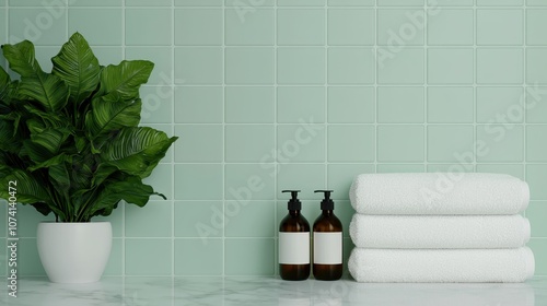 Stylish Bathroom Decor with Green Tiles, White Towels, and Natural Elements for a Modern Spa-Like Ambiance and Relaxation Space