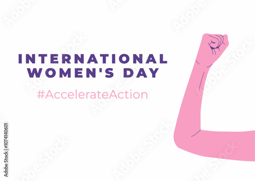 International Womens Day 8 march. Campaign 2025 AccelerateAction. Female hand showing strength in their hand. Flat vector illustration, horizontal banner