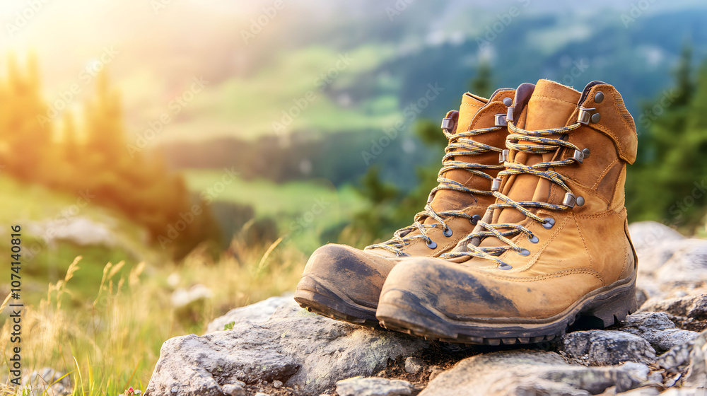 A pair of well-worn brown hiking boots on a rocky surface, with a blurry mountain range in the background and sunlight casting a warm glow, evoke adventure and natural beauty. A pair of well-worn brown hiking boots on a rocky surface, with a blurry mountain range in the background and sunlight casting a warm glow, evoke adventure and natural beauty.